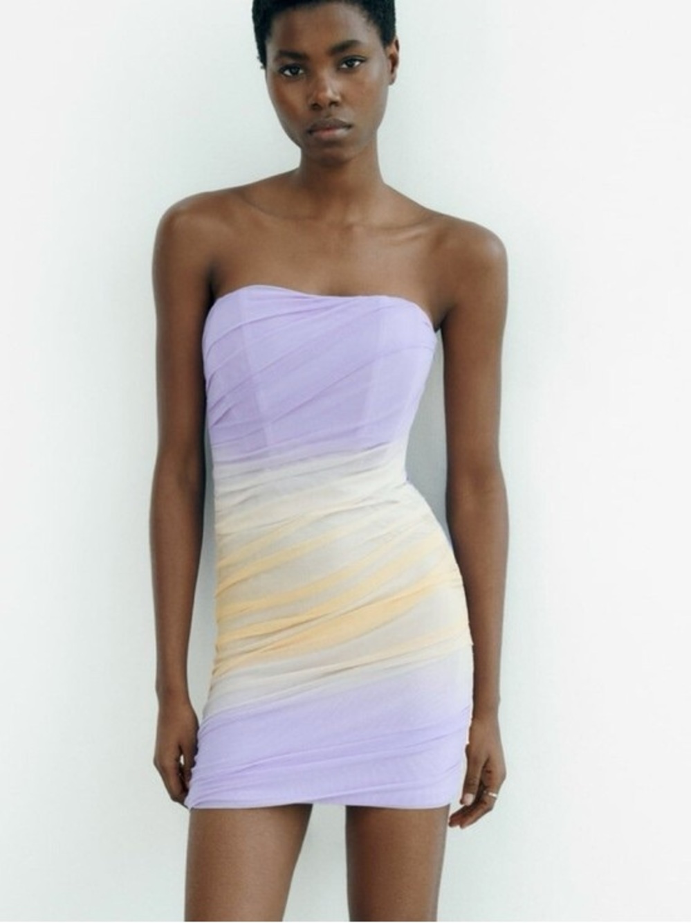 Zara Lavender and Cream Strapless Ombre Ruched Mini Dress
